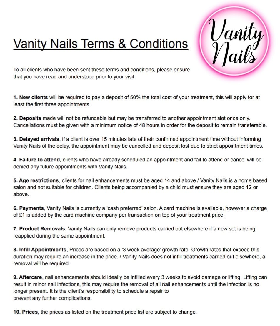 Vanity Nails Terms & Conditions